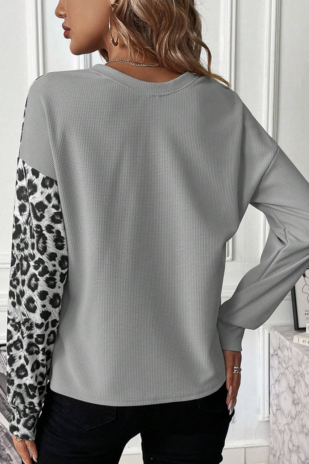 Pale Khaki Waffle Knit Leopard Long Sleeve Top