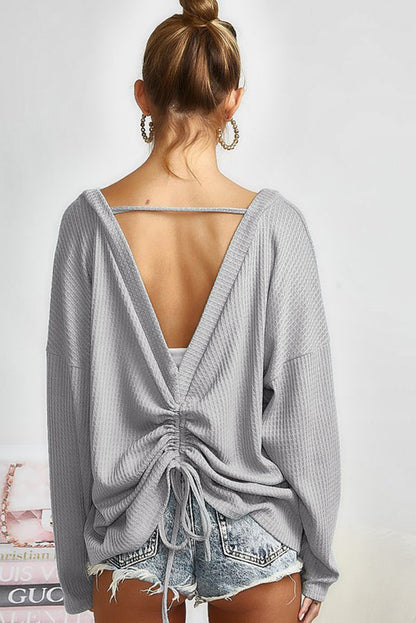 Grey Waffle Knit Backless Drop Shoulder Top