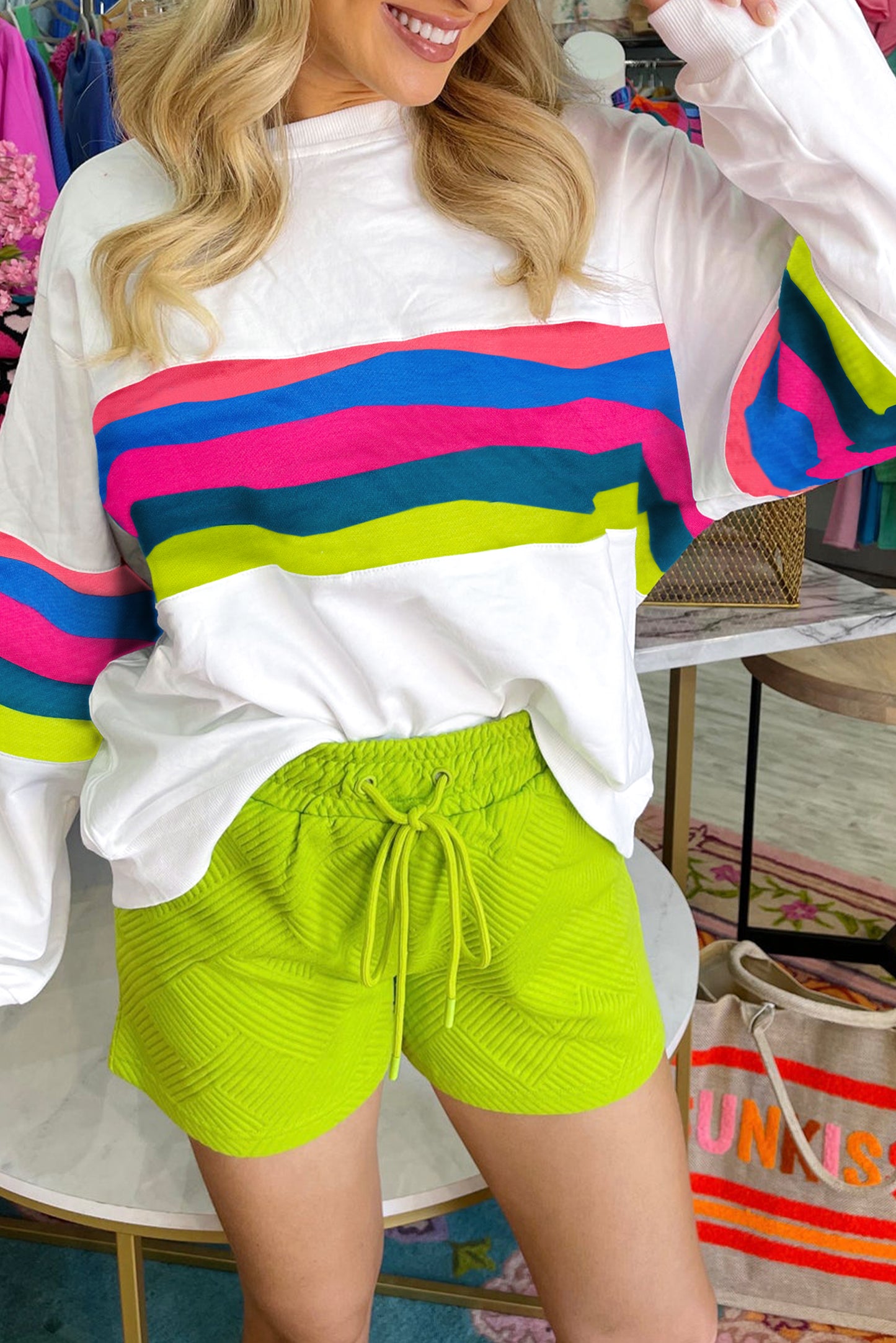 Green Colorful Striped Round Neck Long Sleeve Top