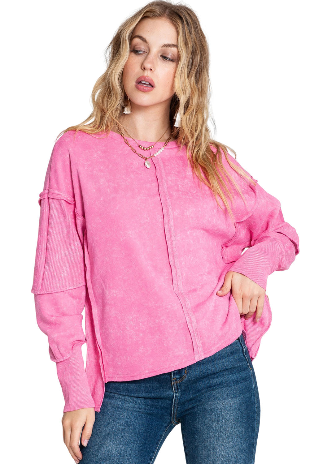 Rose Patchwork Long Sleeve Distress Pullover Sweatshirt