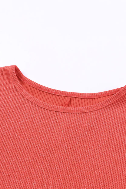 Red Waffle Knit Side Slit Pullover Long Sleeve Top