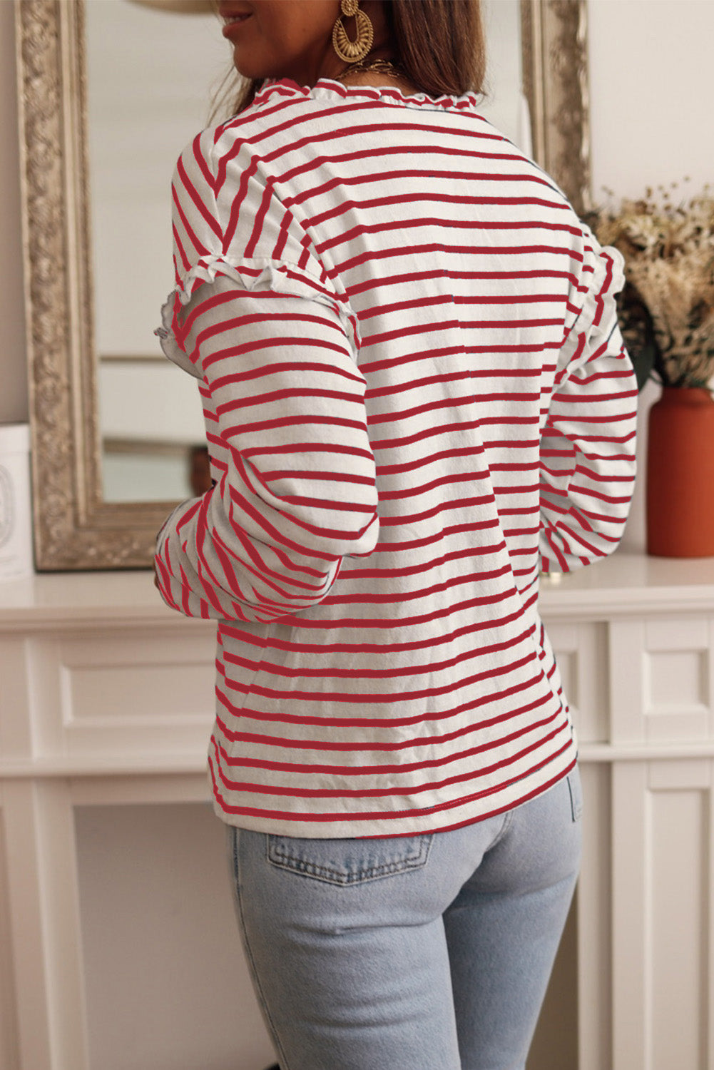 Red Striped Snap Button Frill Neck Long Sleeve Henley Shirt