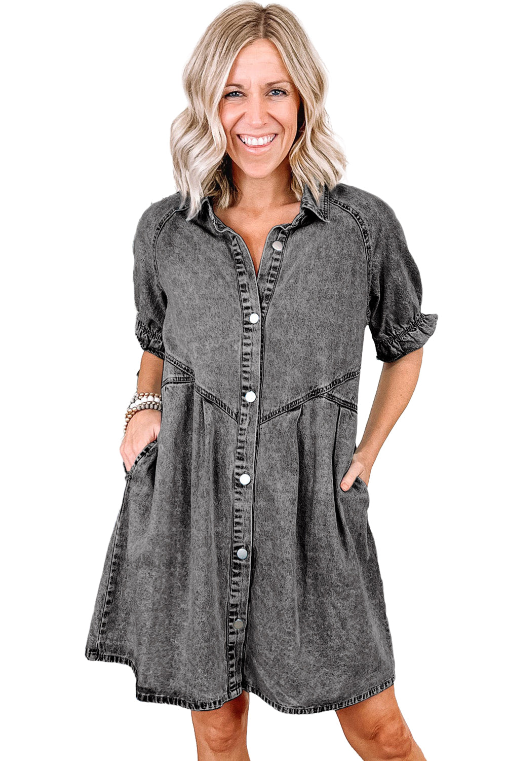 Medium Grey Mineral Washed Ruffled Short Sleeve Pocketed Denim Dress