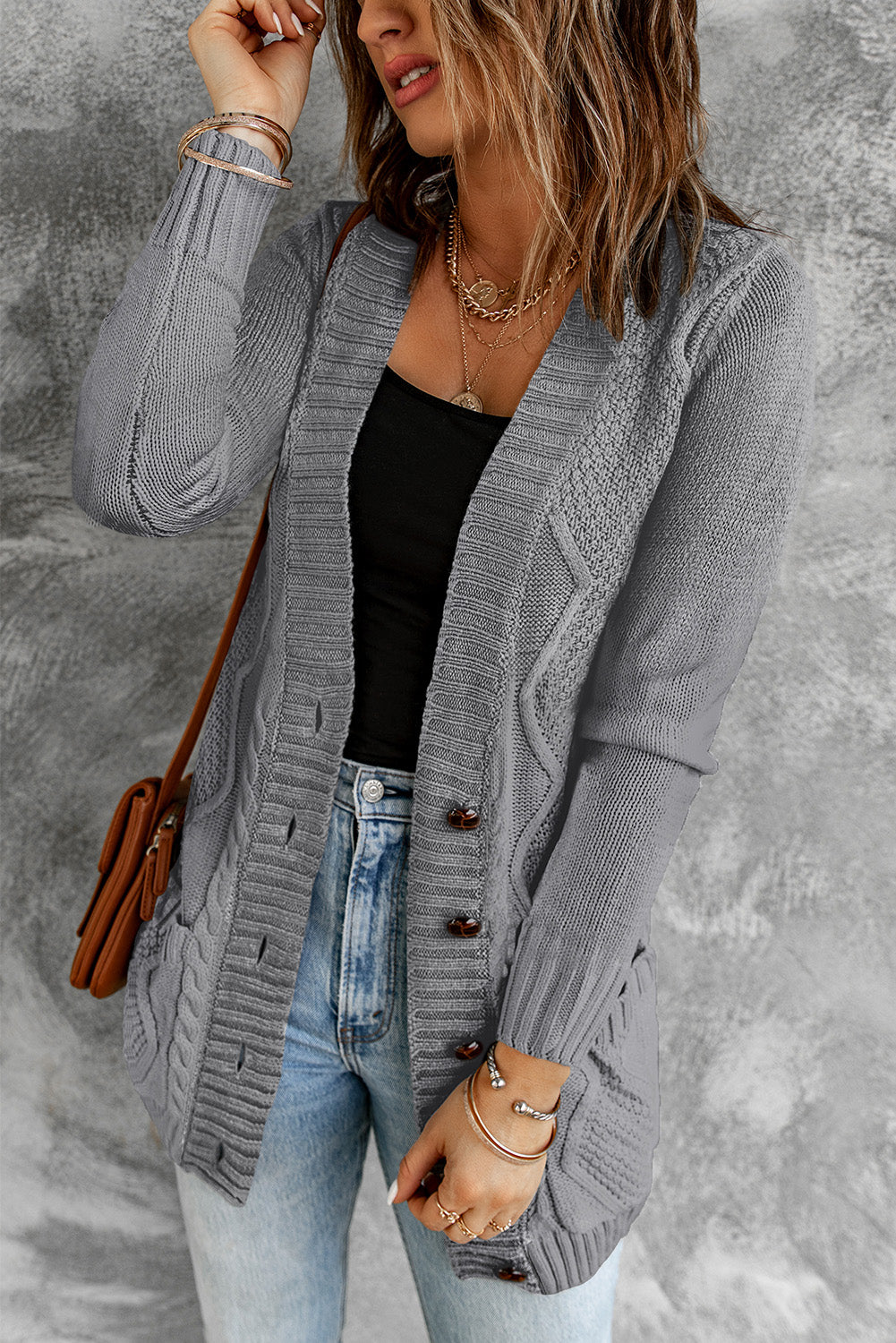 Blue Front Pocket and Buttons Closure Cardigan