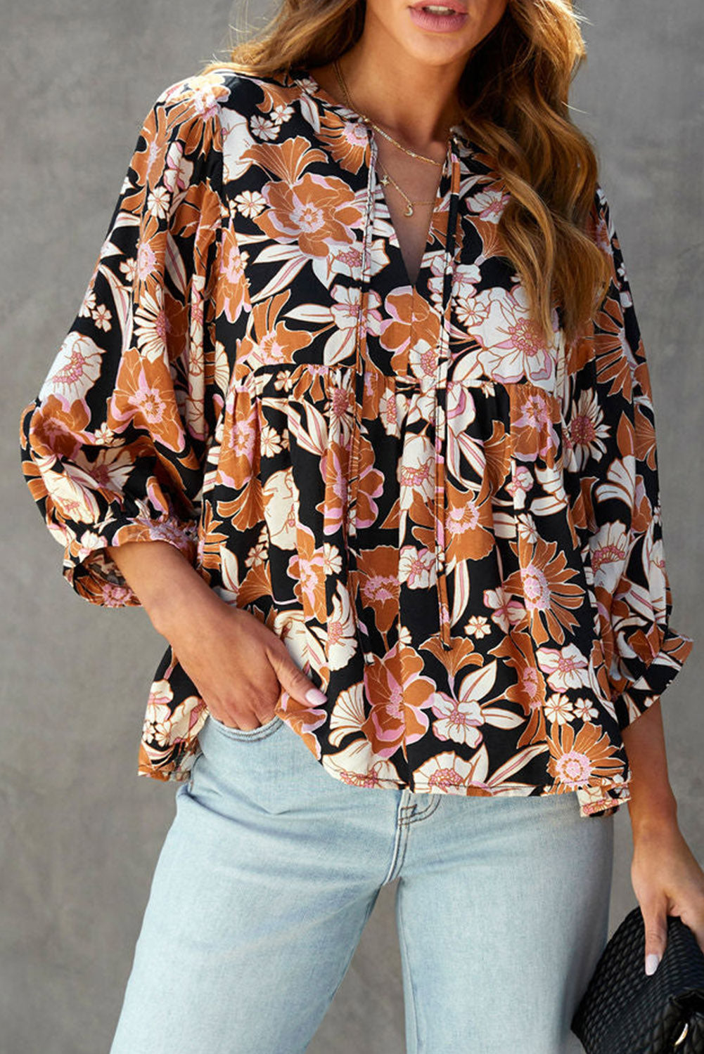 Brown Floral Print Notch Neck 3/4 Sleeve Peasant Blouse