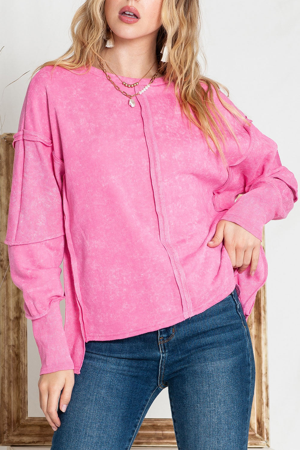 Rose Patchwork Long Sleeve Distress Pullover Sweatshirt