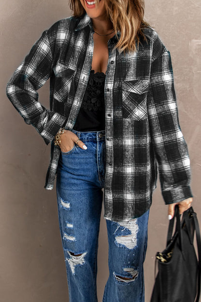 Brown Button Up Collared Plaid Shacket