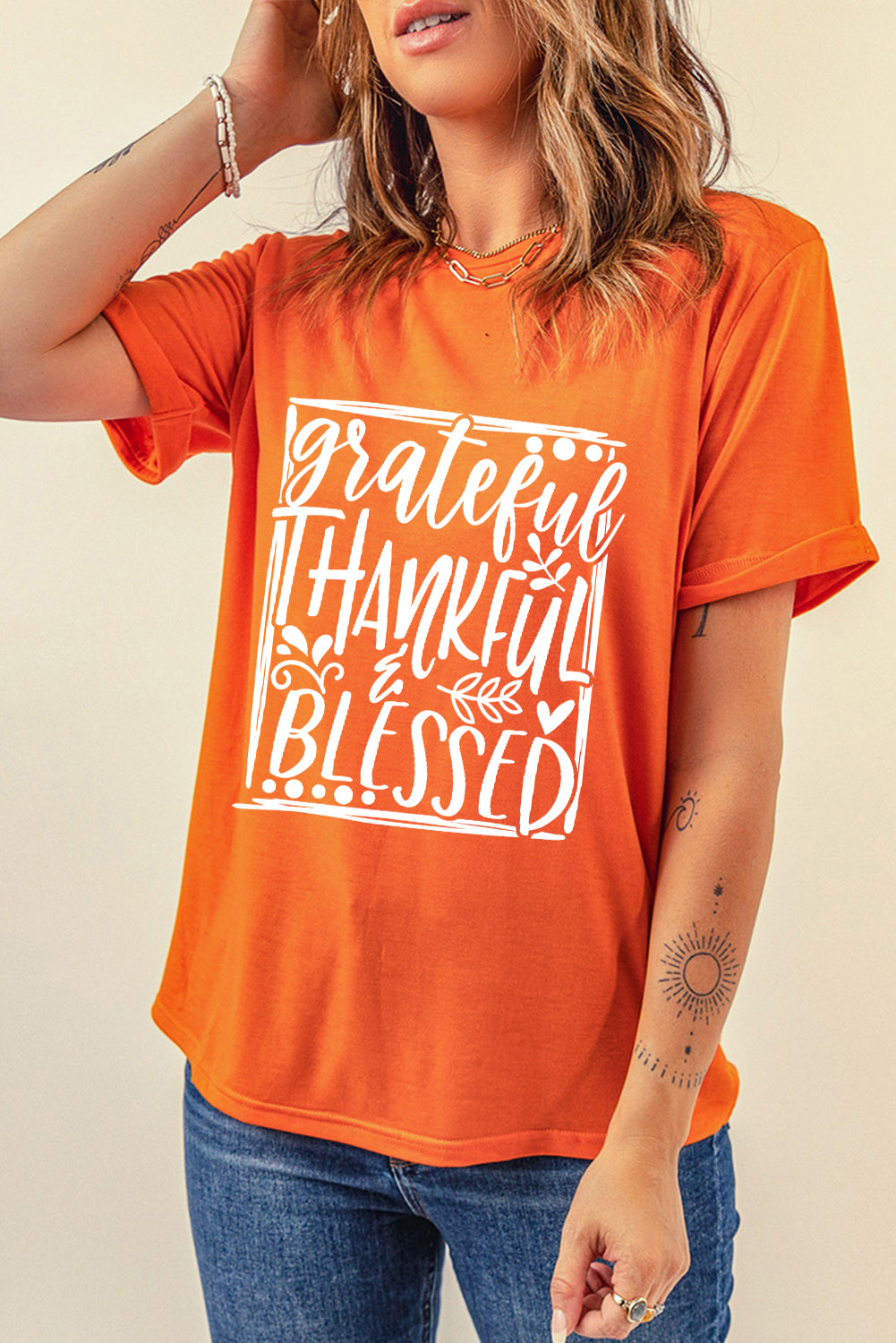 Orange Grateful Thankful Blessed Printed Crewneck Thanksgiving T Shirt