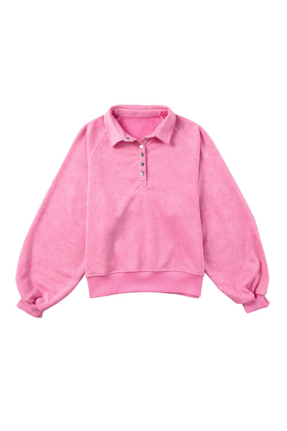 Pink Casual Washed Snap Button Pullover Sweatshirt