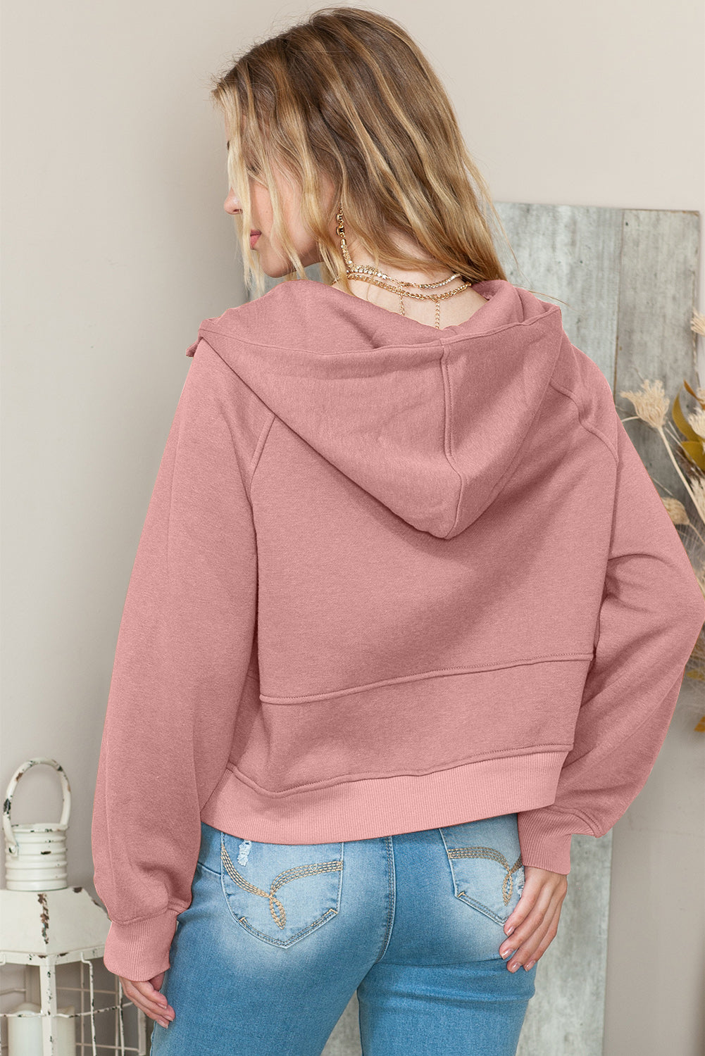 Pink Thumbhole Raglan Sleeve Half Zip Pullover Hoodie