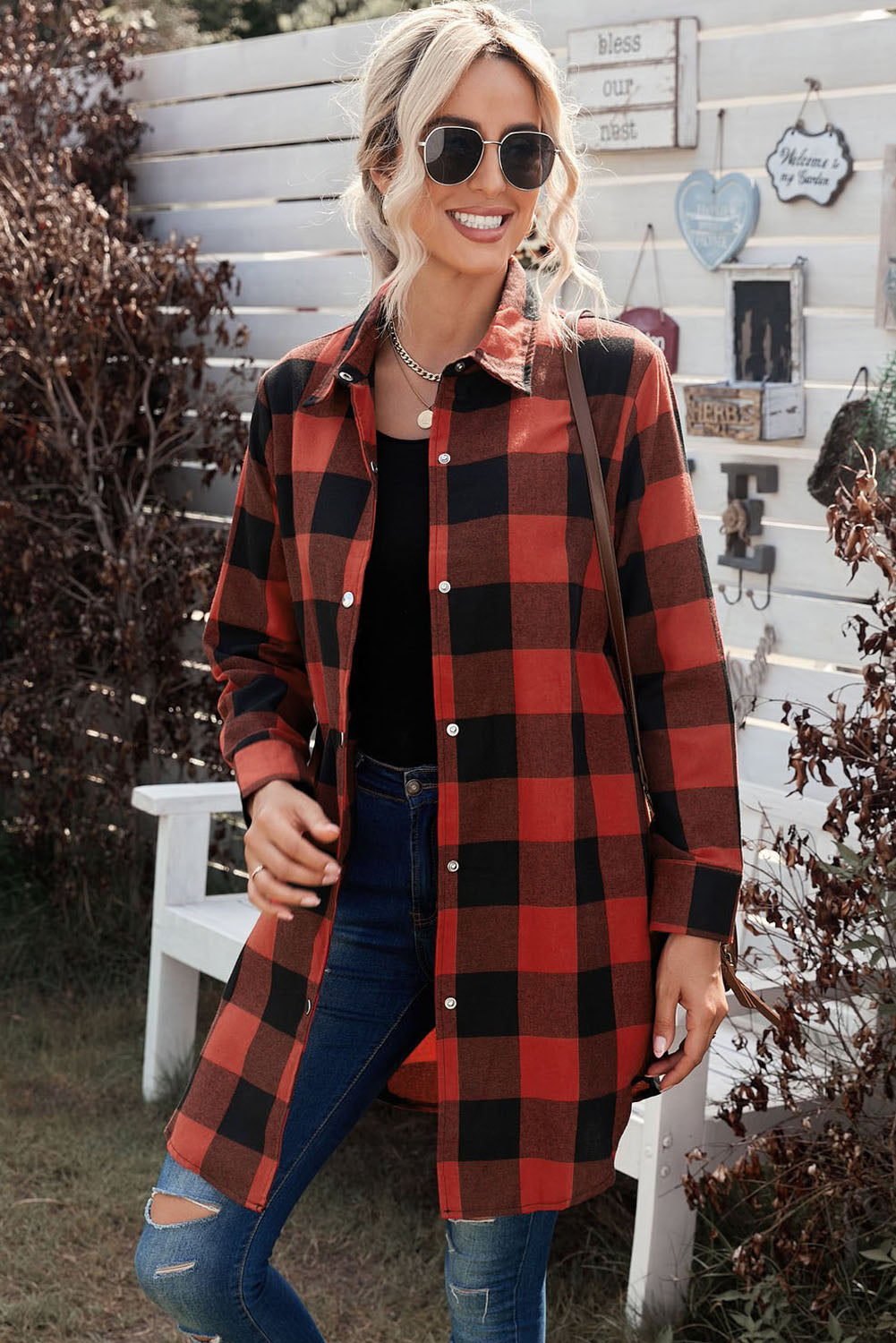 Brown & Black Plaid Collared Botton Down Long Shirt Shacket