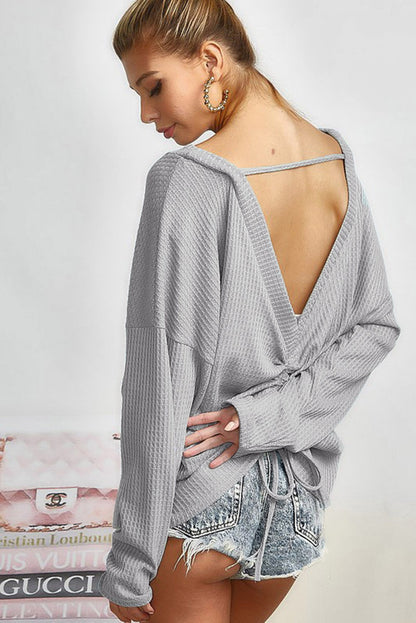 Grey Waffle Knit Backless Drop Shoulder Top