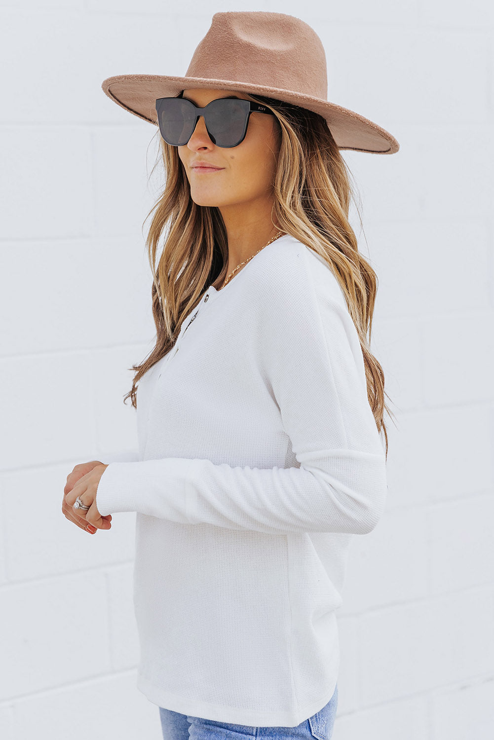 White Casual Waffle Button Front Knit Henley Top