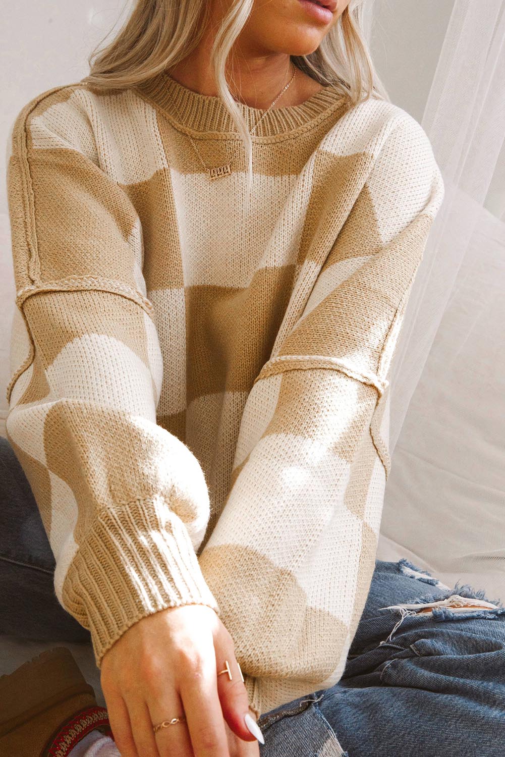 Pink Checked Bishop Sleeve Pullover Sweater