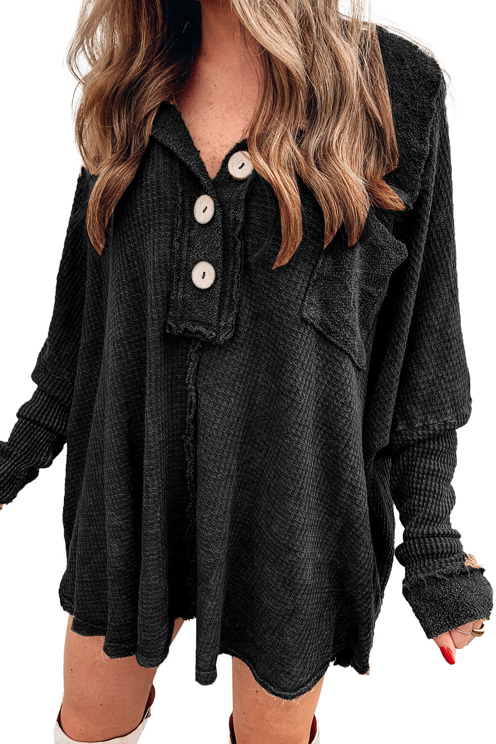 Black Waffle Pocket Seam Patchwork Loose Knit Top