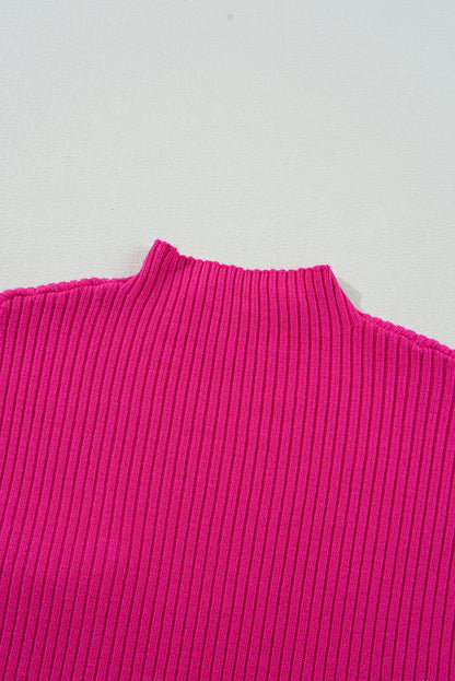 Pink Patch Pocket Ribbed Knit Short Sleeve Sweater