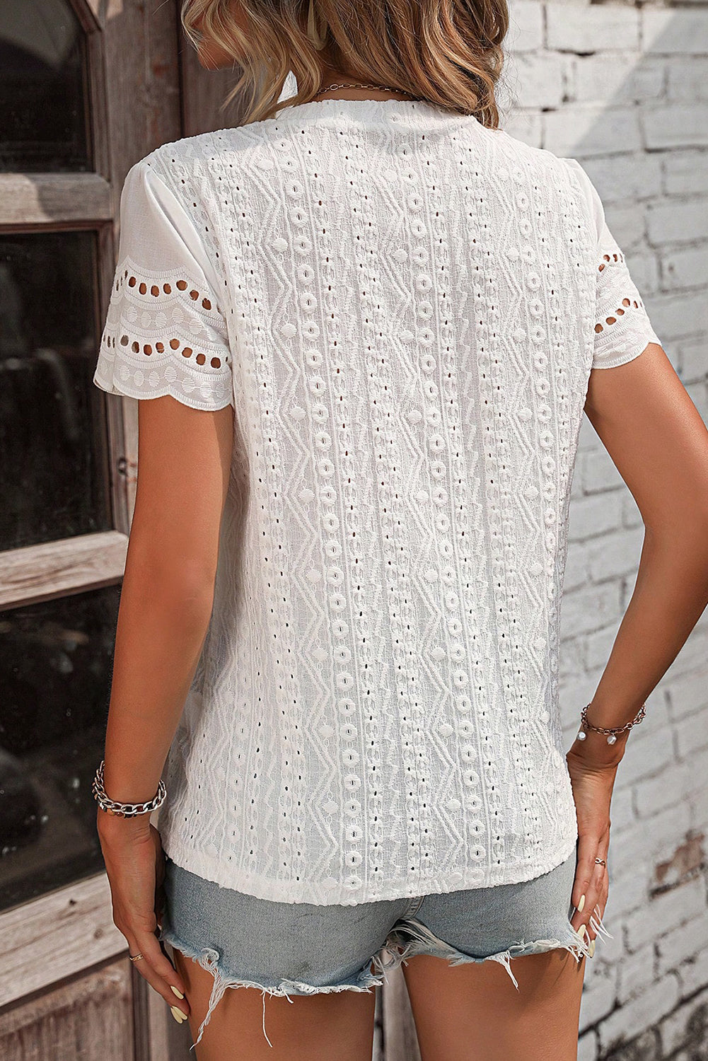 White Eyelet Embroidery Scallop Short Sleeve Blouse