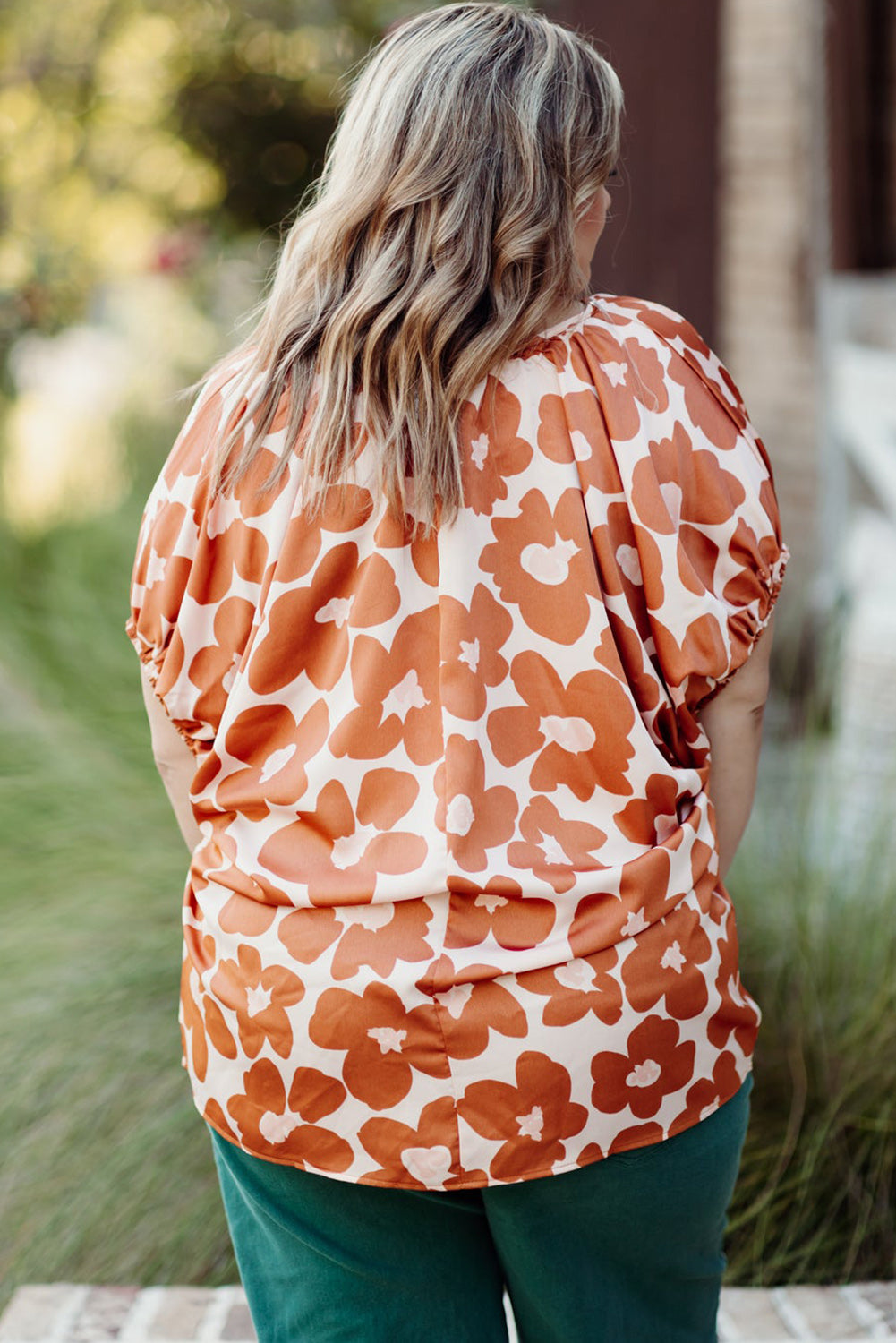  Orange Floral Drawstring Blouse