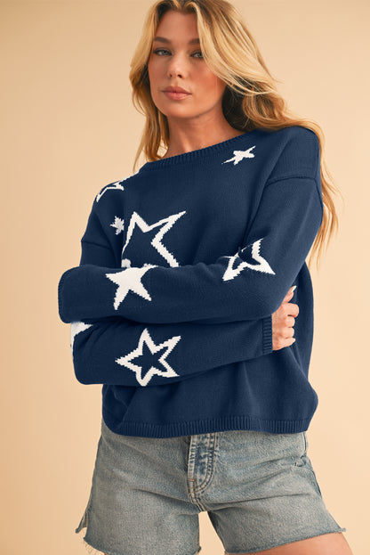 Sail Blue Star Print Drop Sleeve Cable Knit Sweater