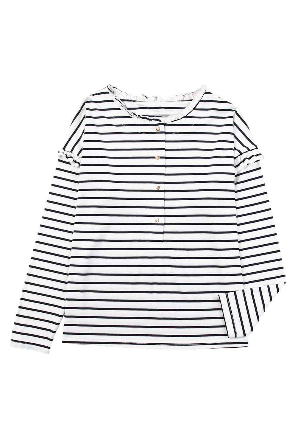 Red Striped Snap Button Frill Neck Long Sleeve Henley Shirt