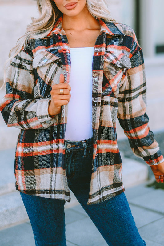 Khaki Plaid Print Casual Button Up Pocket Shacket