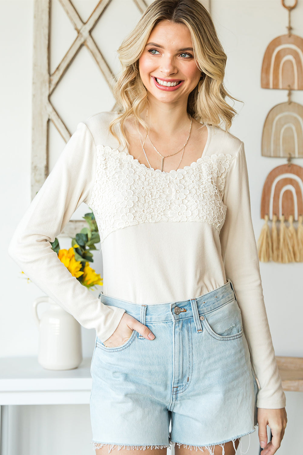 Beige Lace Contrast Casual Long Sleeve Top