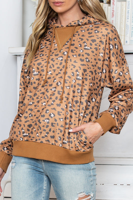 Leopard Long Sleeve Drawstring Cropped Hoodie