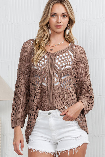 Khaki Hollowed Knit V Neck Dolman Sleeve Sweater