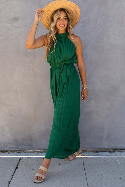 Black Elegant Halter Neck Belted Wide Leg Jumpsuit