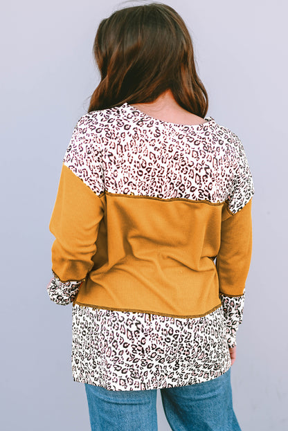 Light Pink Leopard Print Waffle Knit Patchwork Top