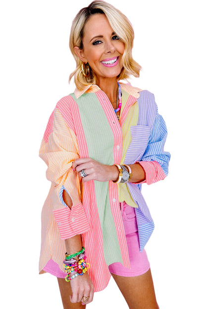 Pink Stripe Color Block Buttoned Oversized Shirt