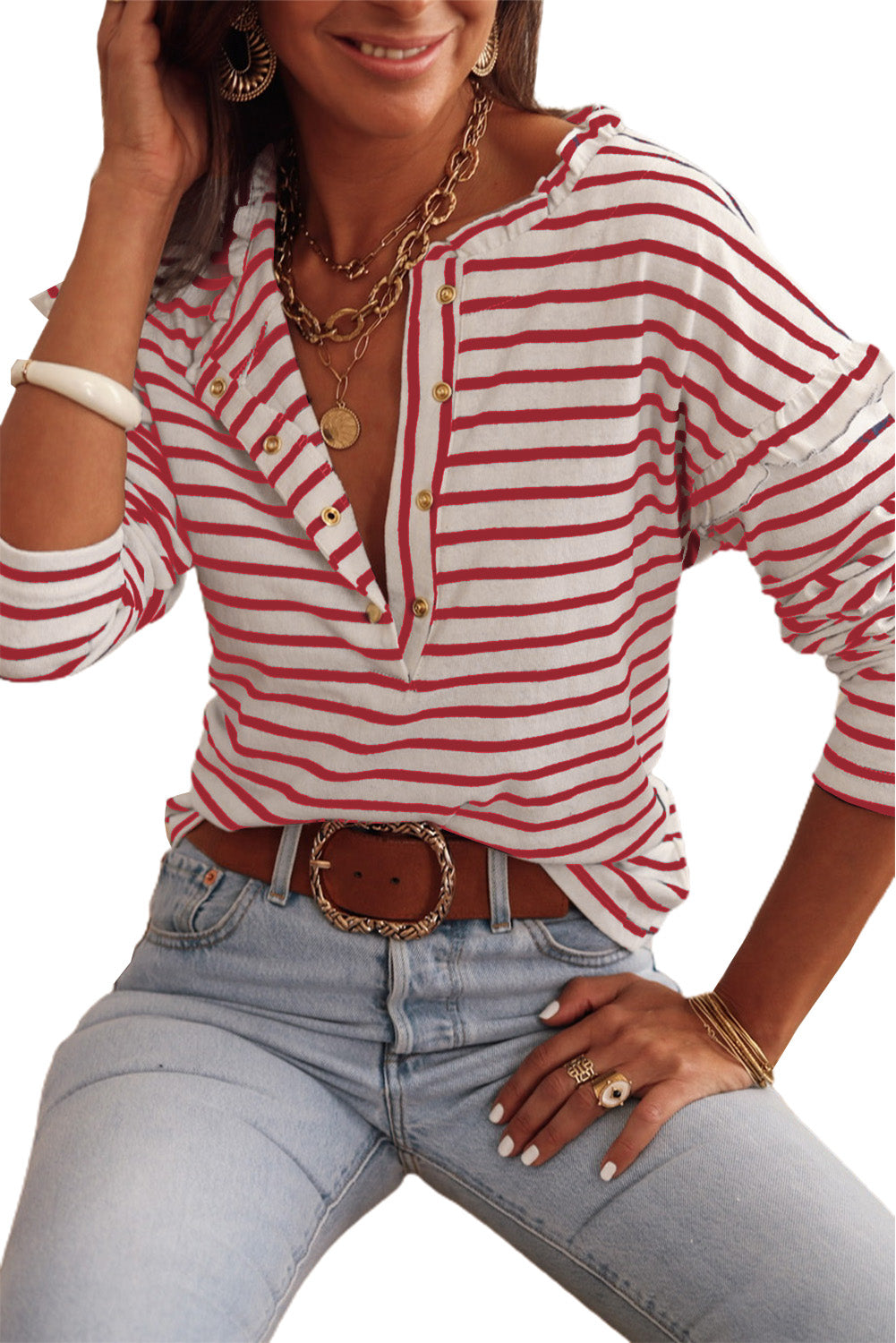 Red Striped Snap Button Frill Neck Long Sleeve Henley Shirt