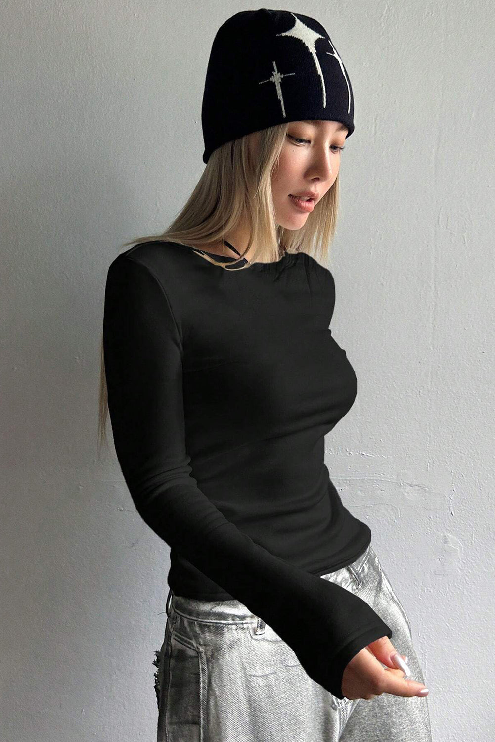 Black Fleece Lined Slim Fit Basic Long Sleeve Top