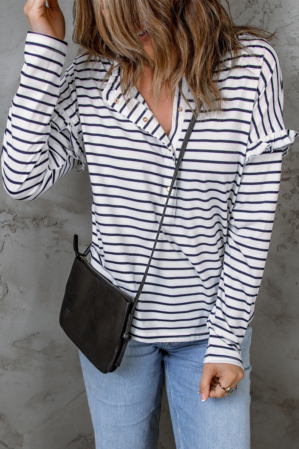 Red Striped Snap Button Frill Neck Long Sleeve Henley Shirt