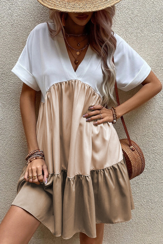 Light Beige Tiered V-Neck Short Dress