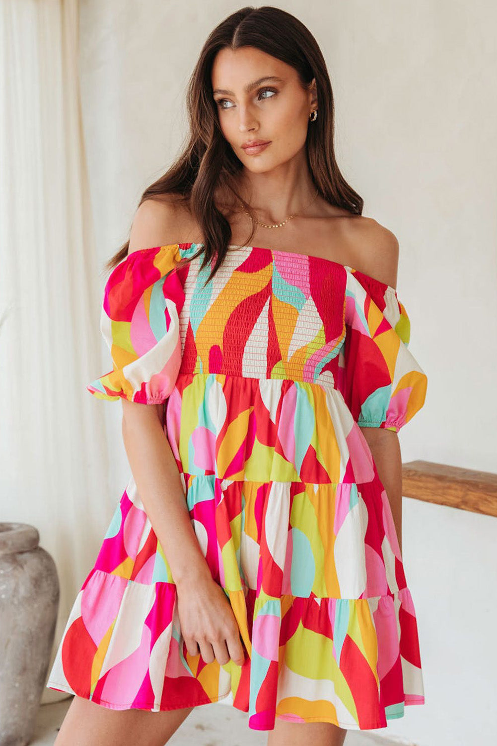 Multicolor Geometric Print Smocked Babydoll Short Dress