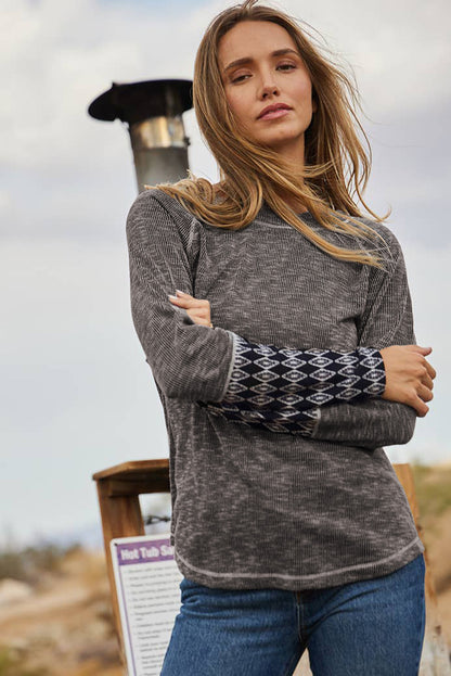 Gray Ribbed Casual Geometric Patchwork Long Sleeve Top