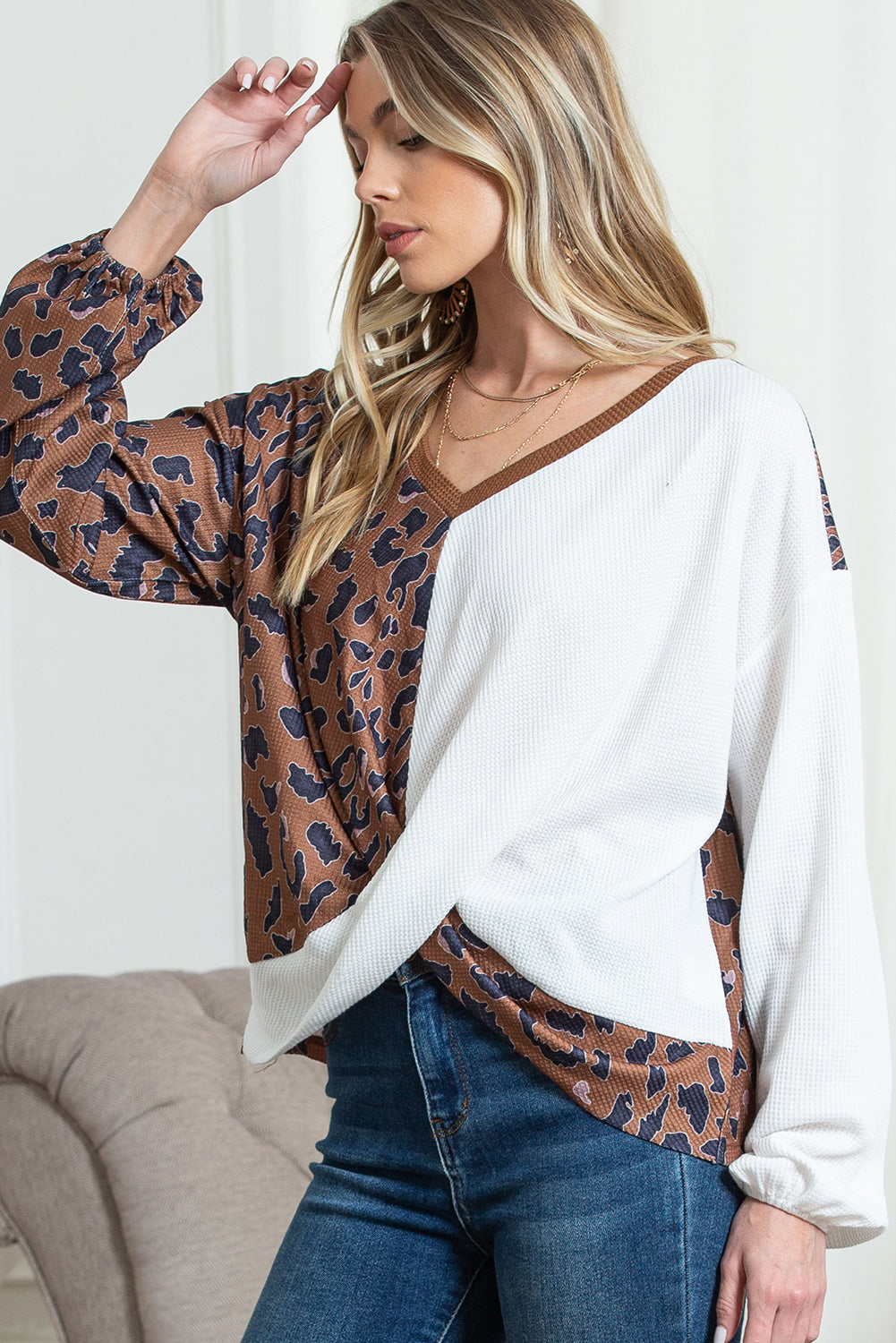 Brown Leopard Patchwork Waffle Knit Top