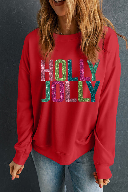 Red Glittering HOLLY JOLLY Graphic Christmas Pullover Sweatshirt