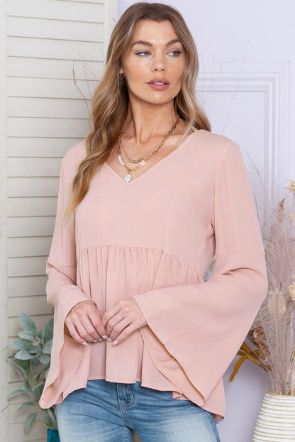 Pink Bell Sleeve Top V Neck Tie Back Peplum Blouse