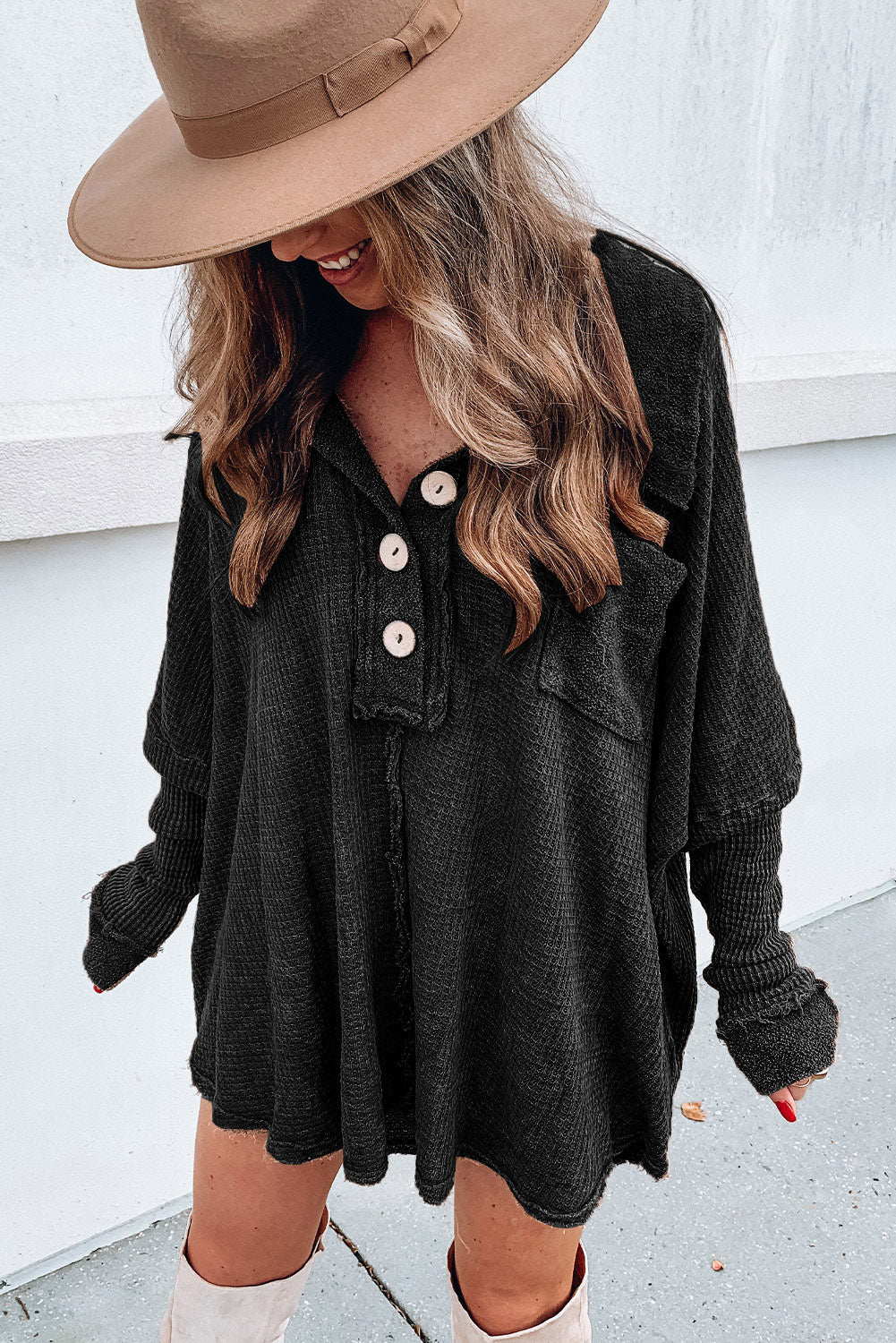 Black Waffle Pocket Seam Patchwork Loose Knit Top