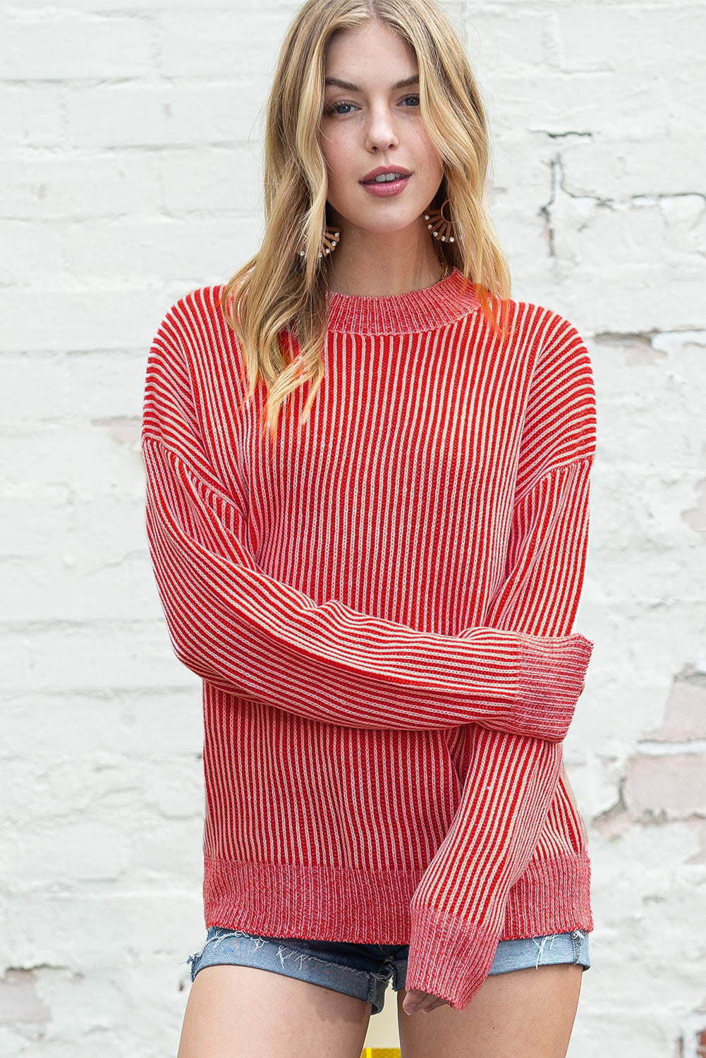 Red Casual Stripe Print Round Neck Sweater