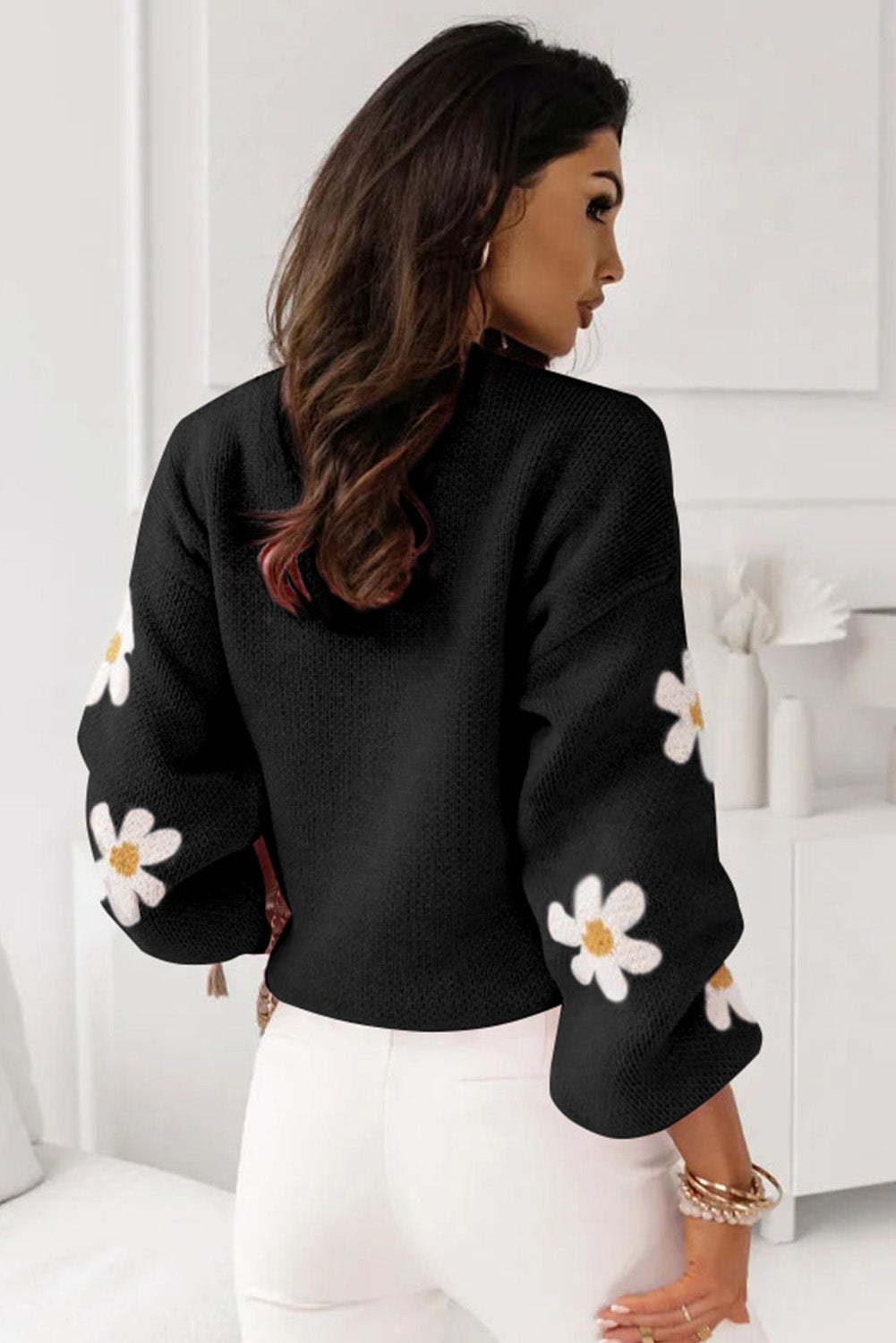 Pink Floral Pattern Drop Shoulder Pullover Knit Sweater