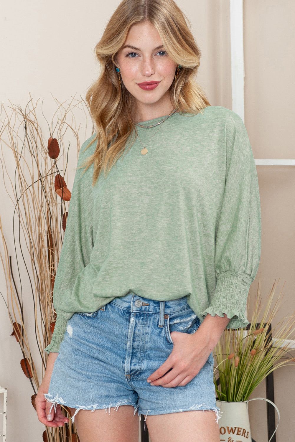 Green Plain Smocked Sleeve Casual Loose T Shirt