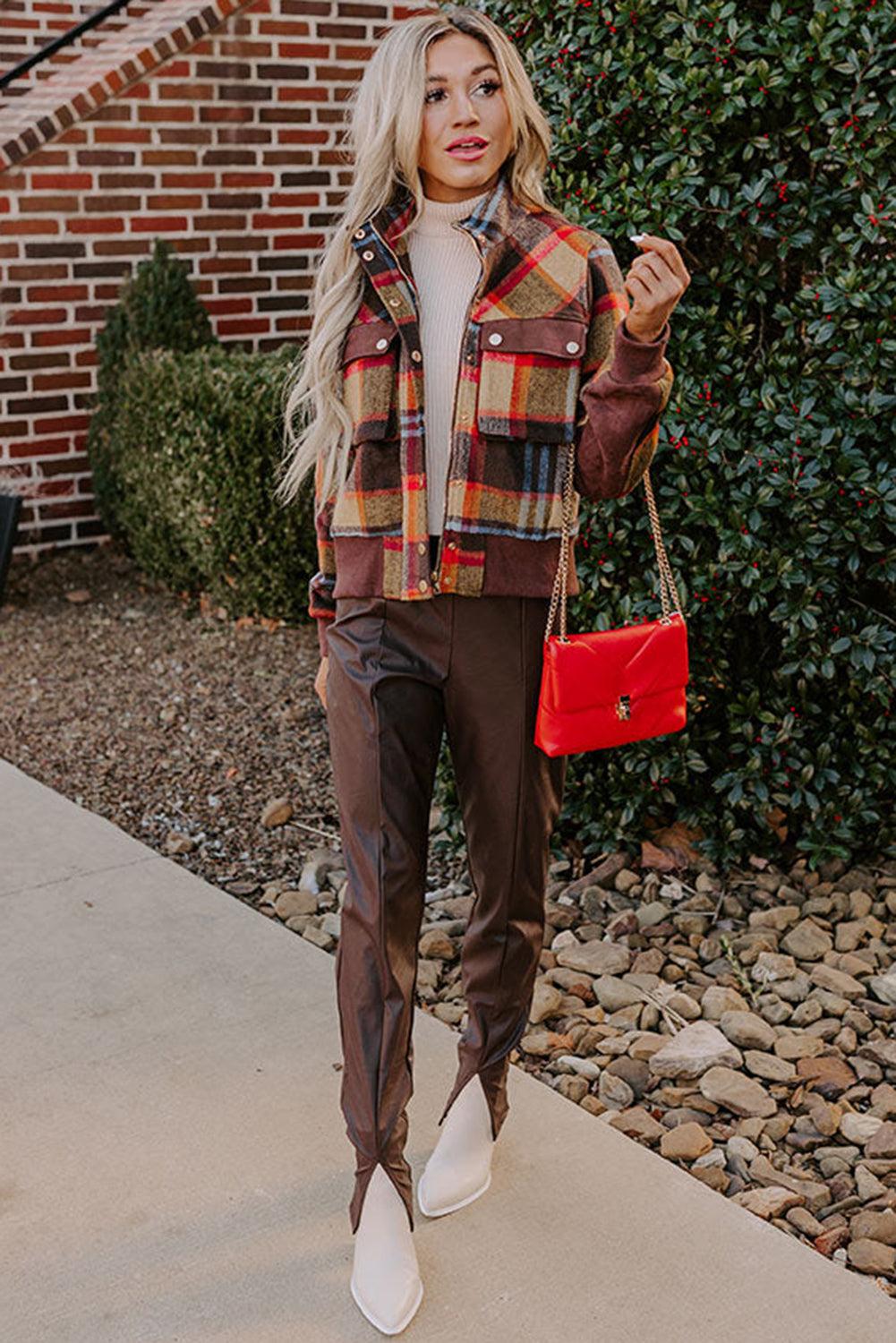 Brown Checkered Print Chest Pockets Button Zipper Stand Neck Jacket