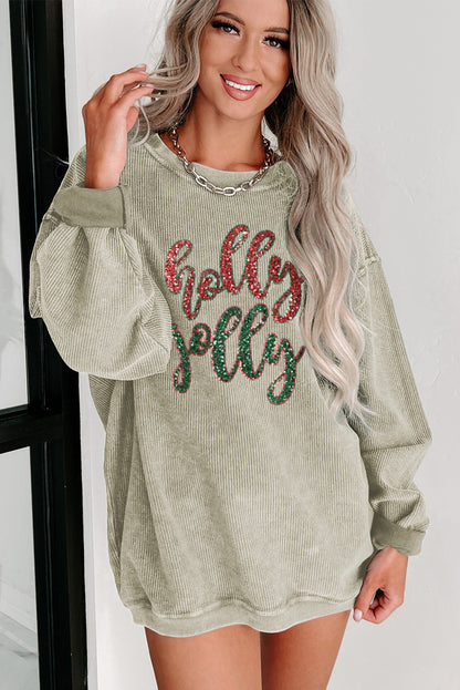 Green Corduroy Christmas Tree Sequin Graphic Sweatshirt