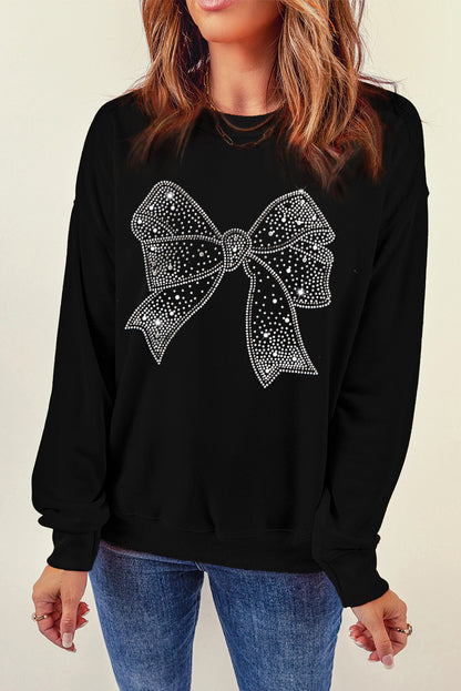 Black Rhinestone Bowknot Graphic Crewneck Pullover Sweatshirt