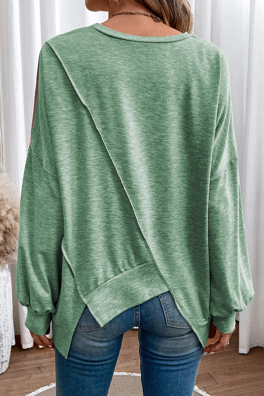 Khaki Colorblock Stitching Irregular Hem Long Sleeve Top