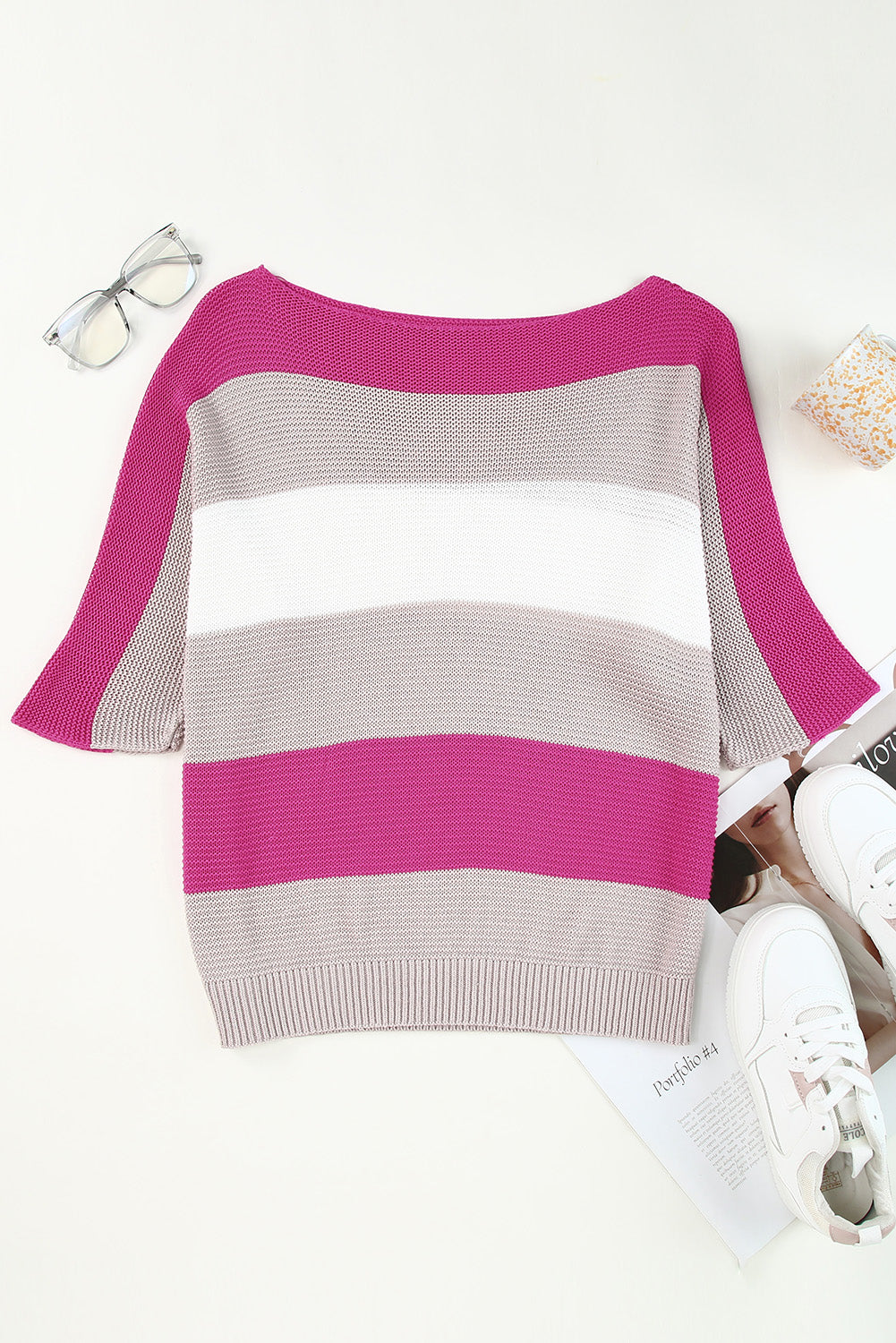 Rose Contrast Stripe Half Sleeve Knit Top