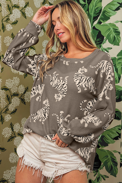 Animal Print Drop Sleeve Pullover Sweatshirt